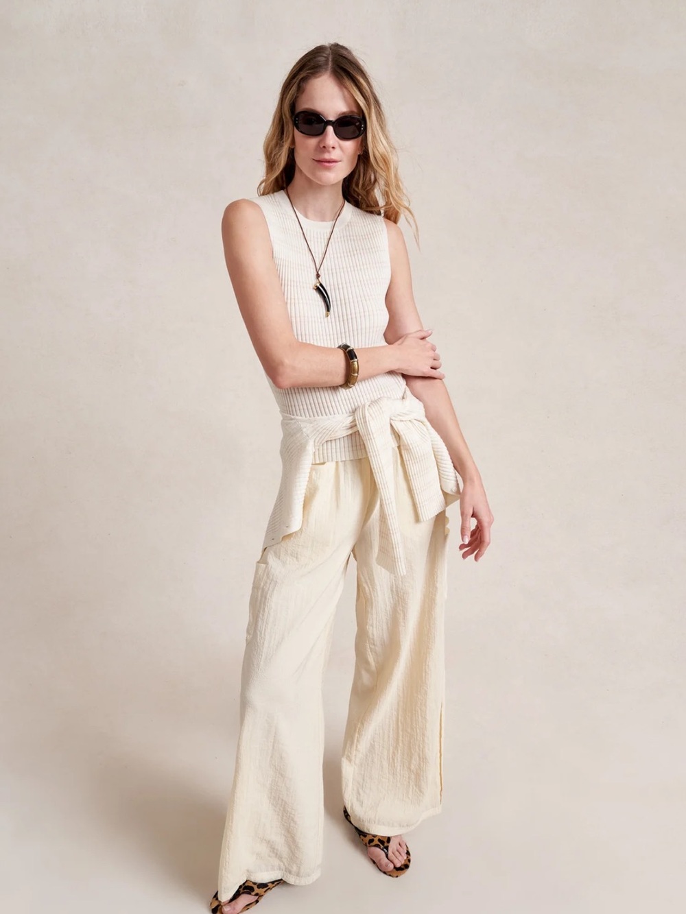 New La Ligne Melodie Cream Crinkled Satin Wide-Leg Pull-on Cargo Trousers Pants